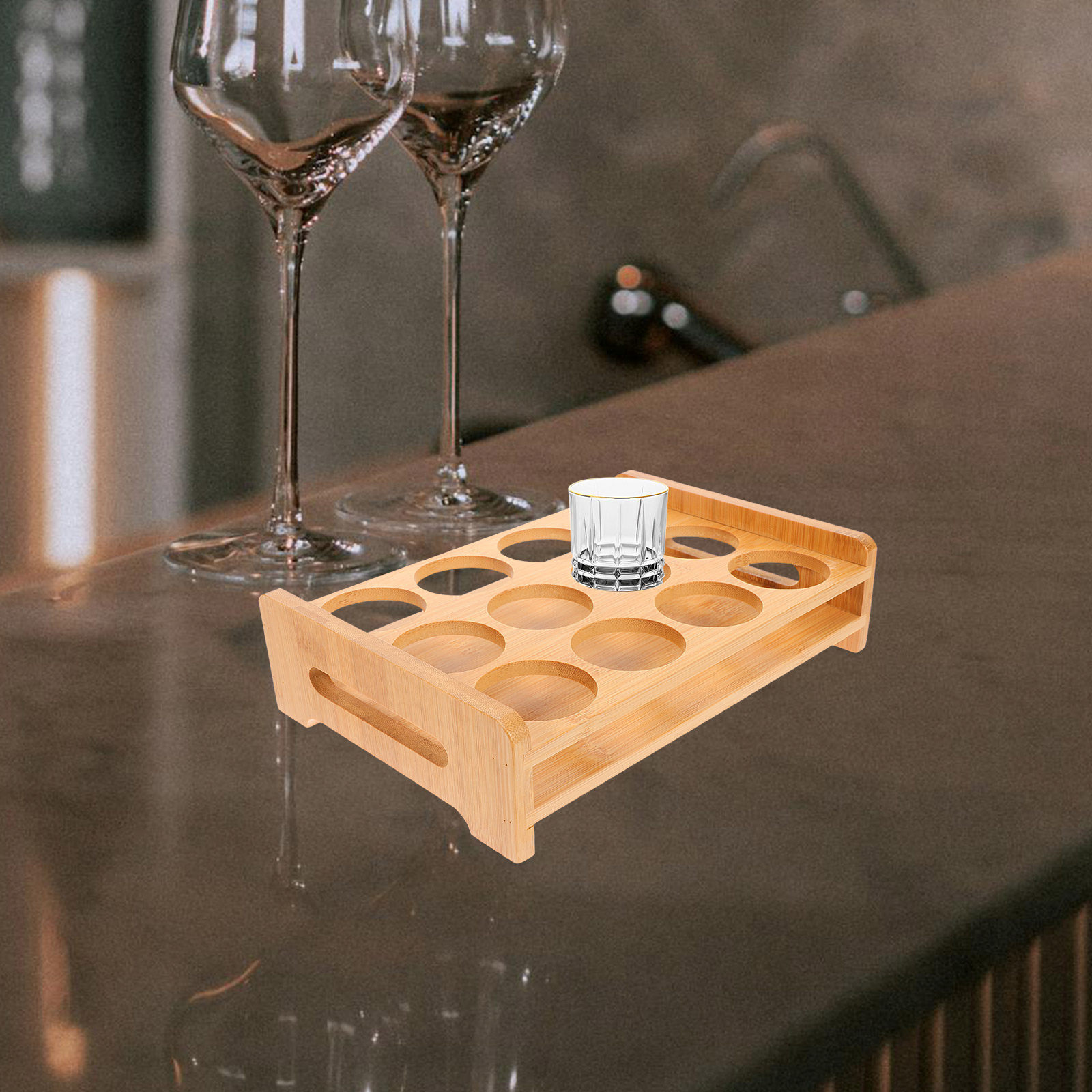 Wine Beer The Whiskey - Bamboo Shot Glasses Holder Display Stand